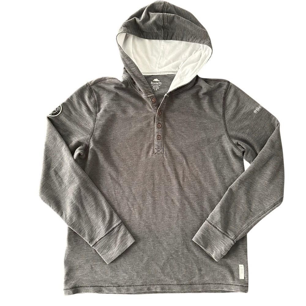 Roots 73 Henley Hoodie Sweatshirt Mens L Gray Thumbhole Patch embroidery sleeve